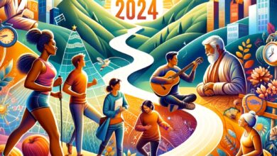 The image portrays an inspirational scene celebrating the journey of keeping New Year's resolutions for 2024. It features a diverse group of people of various ages and ethnic backgrounds, each engaged in activities related to common resolutions. A young Black woman is jogging, embodying physical fitness and determination. An elderly Caucasian man is engrossed in reading a book, symbolizing lifelong learning and intellectual growth. A Hispanic teenager is playing the guitar, representing the pursuit of new skills and artistic expression. A South Asian family enjoys quality time together, highlighting the importance of familial bonds and togetherness. The background seamlessly blends a modern cityscape with elements of nature, illustrating the harmony between personal and professional life. The sky is adorned with a rising sun and a path leading towards a mountain peak, metaphors for growth, aspiration, and progress. A prominent calendar and clock are visible, underscoring the theme of time's passage and the sustained commitment to resolutions. The overall atmosphere of the image is uplifting and vibrant, conveying a sense of positivity, motivation, and the shared human experience of self-improvement and goal achievement.