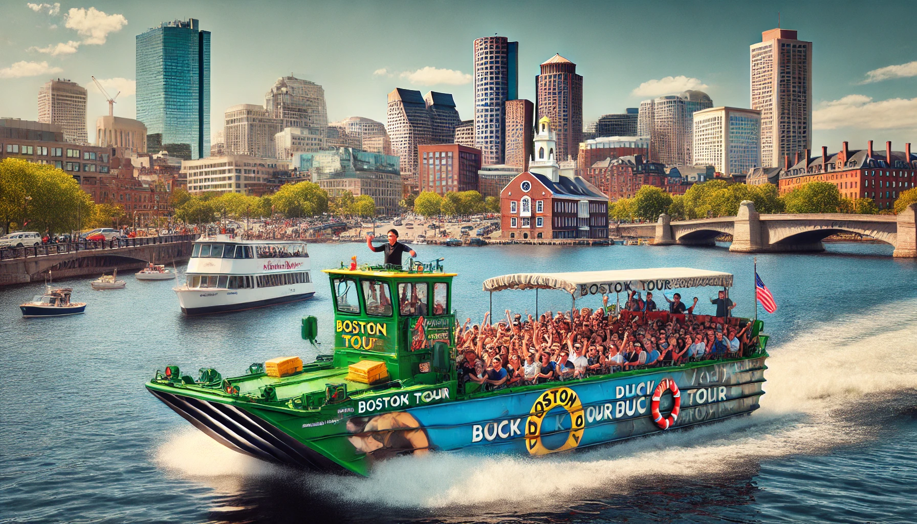 An amphibious vehicle from the Boston Duck Tour driving through the streets of Boston with iconic city landmarks like the State House and Bunker Hill Monument in the background. The vehicle is filled with excited tourists, and the ConDUCKtor is providing lively commentary. The vehicle then transitions into the Charles River, offering a stunning view of the Boston and Cambridge skylines, with people enjoying the scenic river cruise. The atmosphere is vibrant and fun, with clear, sunny weather.