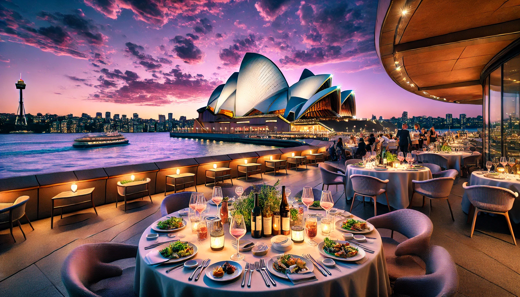 Enjoy the stunning view of the Sydney Opera House at dusk with a beautifully set dining table and elegant drinks in a luxurious atmosphere.